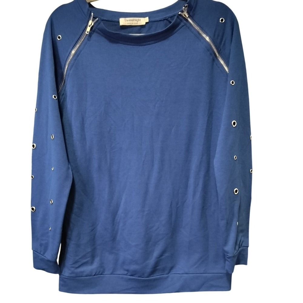 Sweetnight Blue Long Sleeve Sweatshirt Grommet Zipper Detail‎ Pullover Women's M